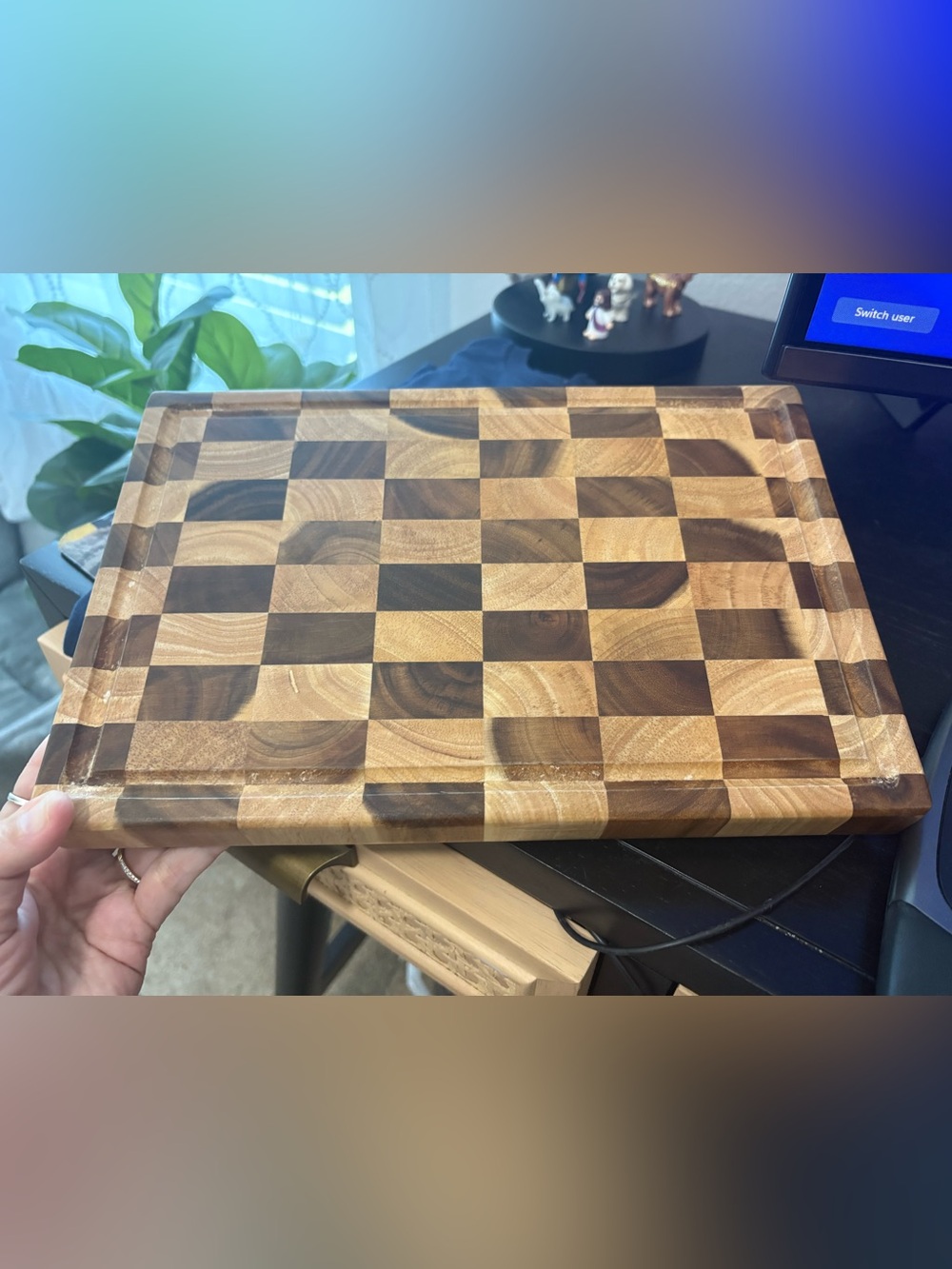 Market Square Checkered Acacia Wood Cutting Board 12" x 8" x 1.06 tan brown new